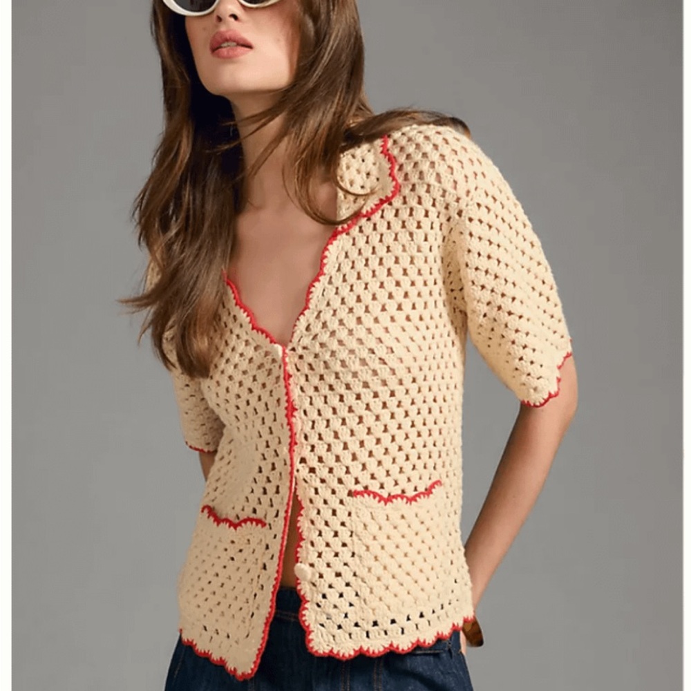 Anthropologie Greylin Scalloped Polo  Crochet Cardigan Sweater